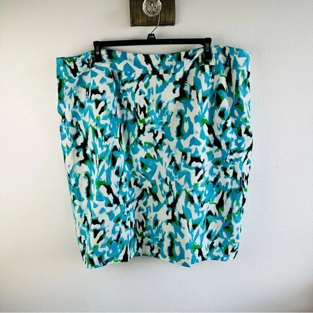 Calvin Klein Linen Blend Lined Abstract Turquoise Black Skirt‎ Size 24W